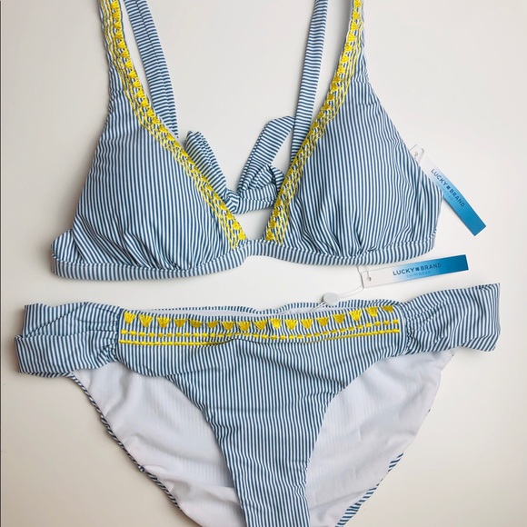 Lucky Brand Other - Lucky Brand Blue Striped Yellow Embroidered Bikini